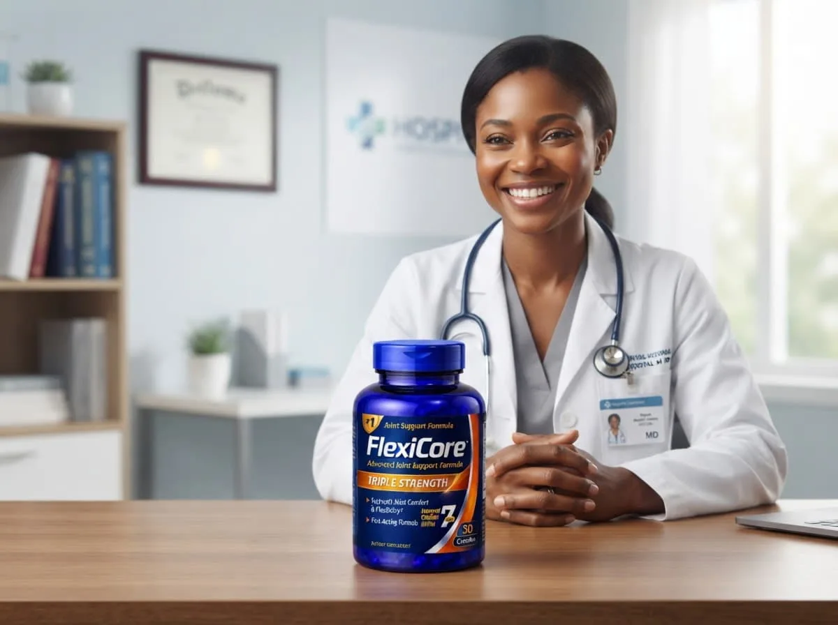 A Nigerian doctor in her thirties in a clinic consultation room
