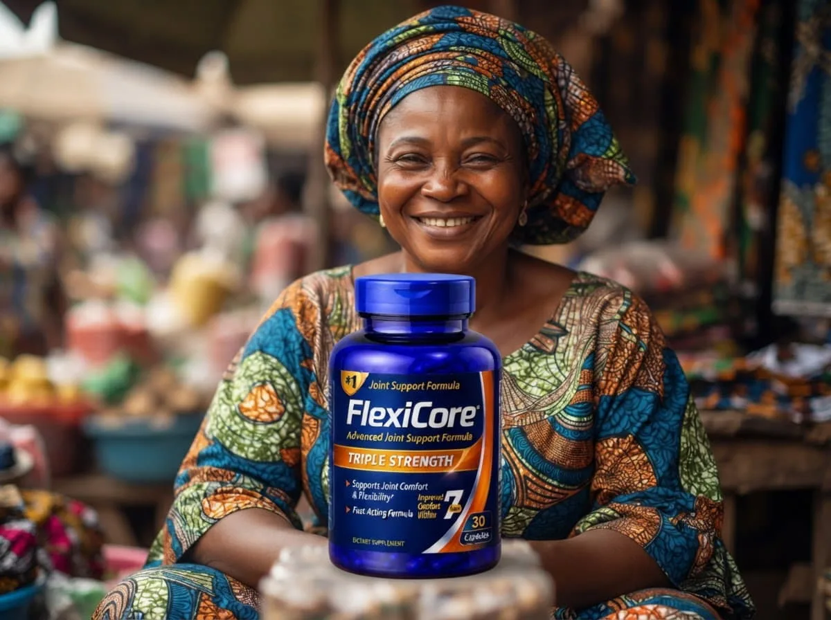 A Nigerian market trader in her fifties working at her stall