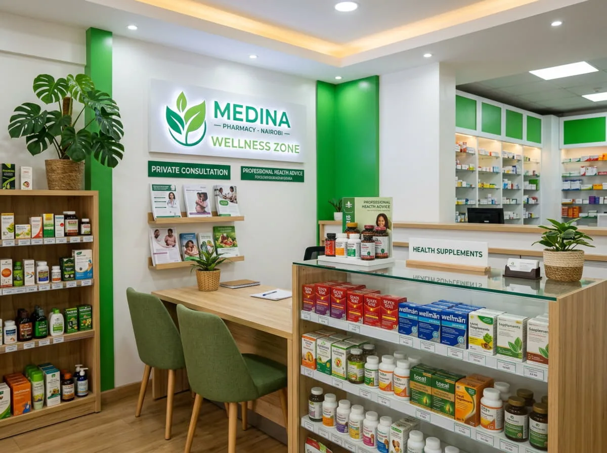 A pharmacy counter with a wellness and supplement section