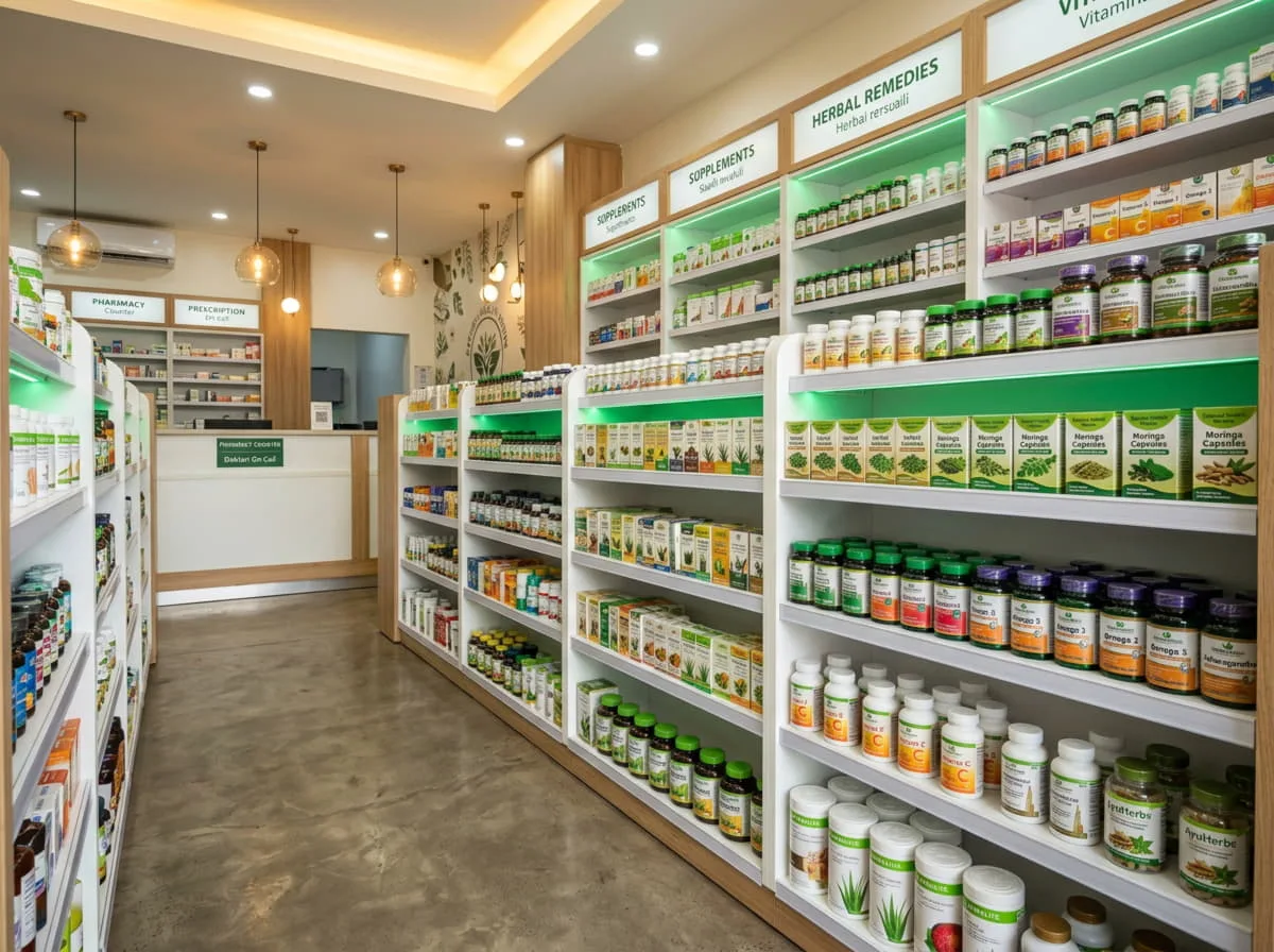 Clean pharmacy shelves with supplement packs