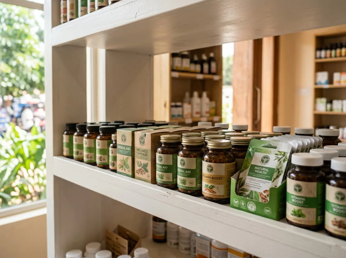 Supplement packs on a retail display in natural light